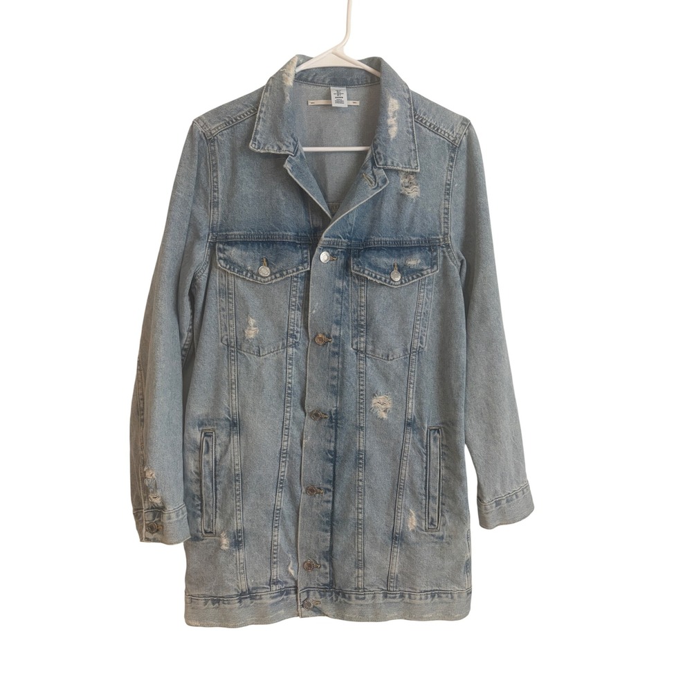 H&M &Denim Womens Distressed Longline Jean Jacket Shacket Light Wash Blue Size 4